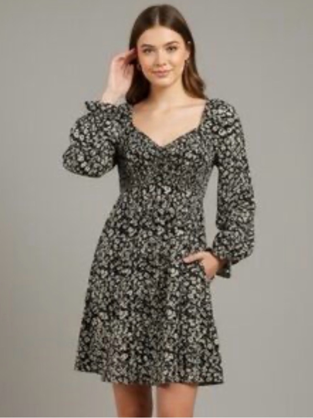 Blush Floral Long Sleeve Open Tie Back Mini Dress Black / Green / Ivory– Size XL